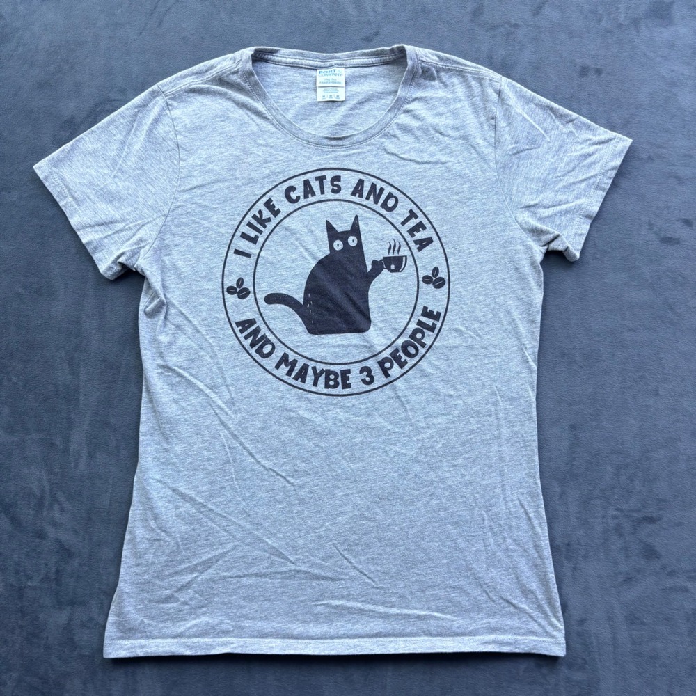 Port & Company I Like Cats and Tea Funny Graphic T-Shirt Grey Medium